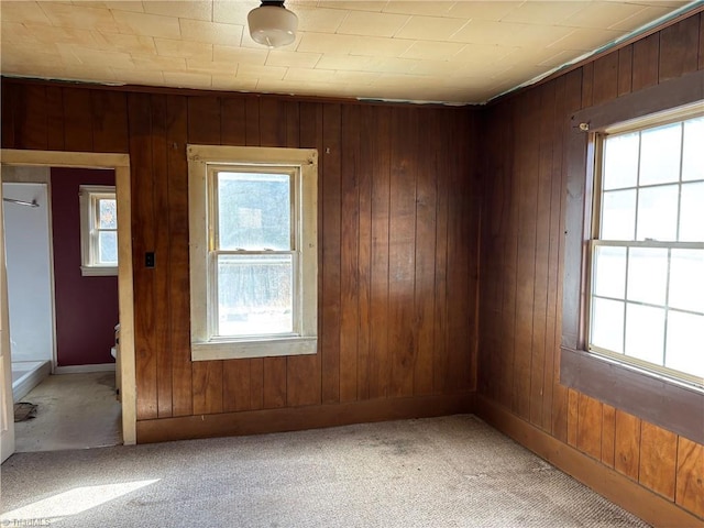 empty room featuring light carpet and wooden walls