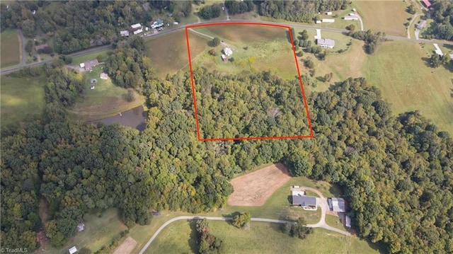 bird's eye view featuring a rural view and a wooded view