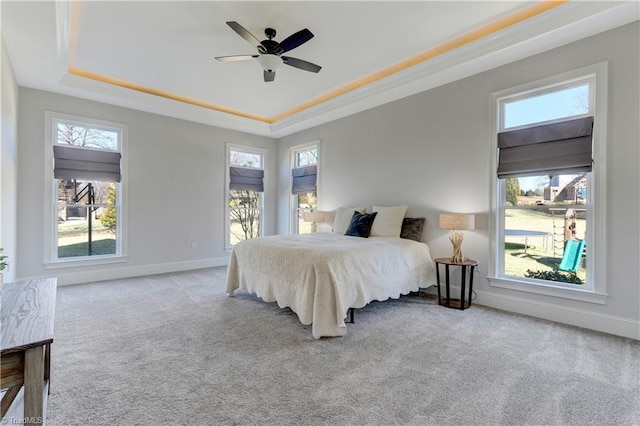 bedroom featuring carpet, multiple windows, and a raised ceiling