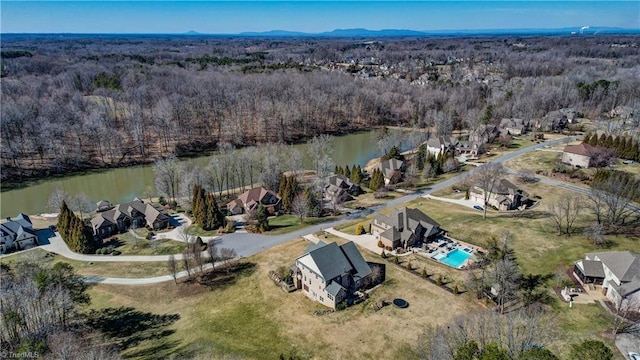 bird's eye view with a water view and a view of trees