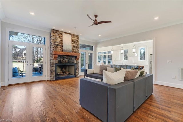 living area featuring french doors, wood finished floors, and a wealth of natural light