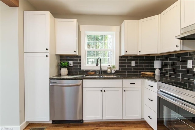 kitchen featuring a sink, backsplash, white cabinetry, and stainless steel appliances