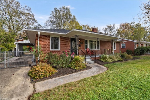 ranch-style home with a front lawn, a porch, and a carport