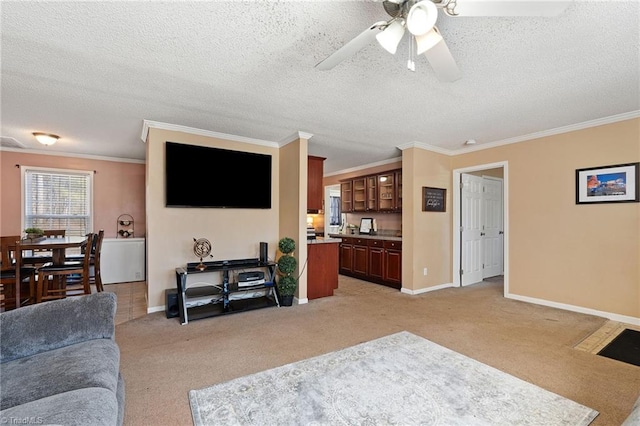 living room featuring light carpet, crown molding, and baseboards