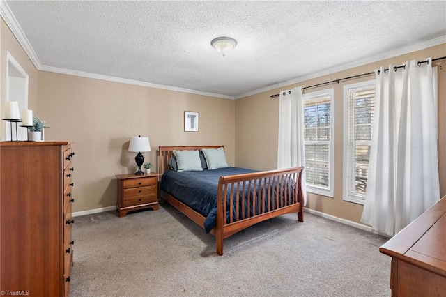 bedroom featuring baseboards, light colored carpet, crown molding, and a textured ceiling