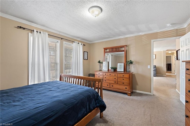 bedroom with light carpet, a textured ceiling, crown molding, and baseboards