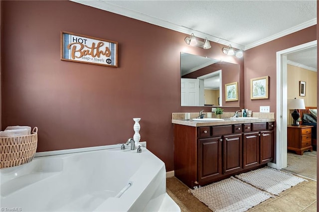 full bath featuring baseboards, vanity, a garden tub, and ornamental molding