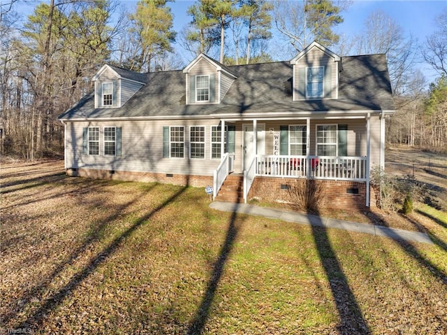 cape cod house featuring crawl space, a porch, and a front lawn