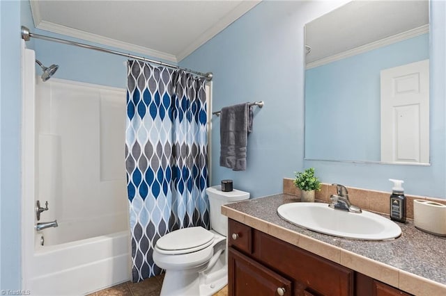 full bathroom featuring crown molding, toilet, shower / bath combo, tile patterned floors, and vanity