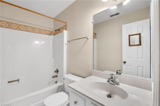 full bath with toilet, bathtub / shower combination, vanity, and visible vents