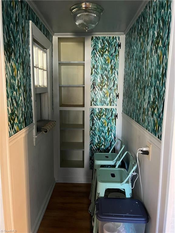 entryway featuring crown molding and dark hardwood / wood-style floors