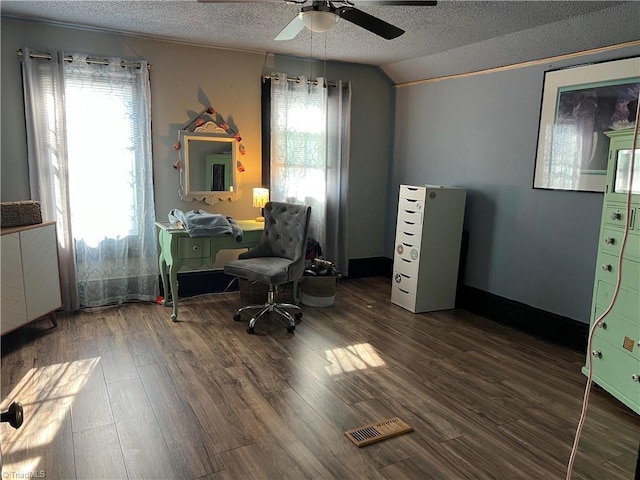 office area with vaulted ceiling, plenty of natural light, and dark wood-type flooring