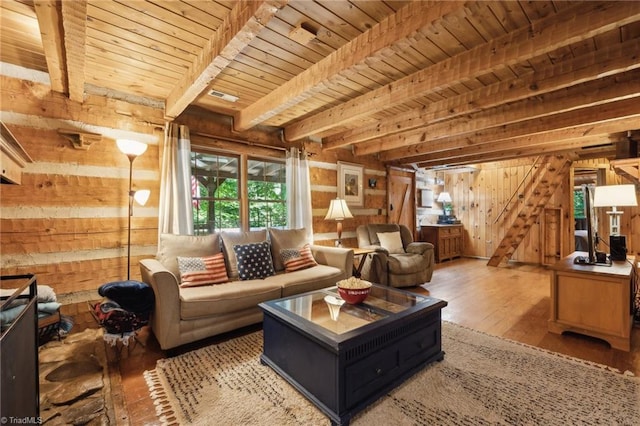 living room featuring beam ceiling, wood-type flooring, wood walls, and wooden ceiling