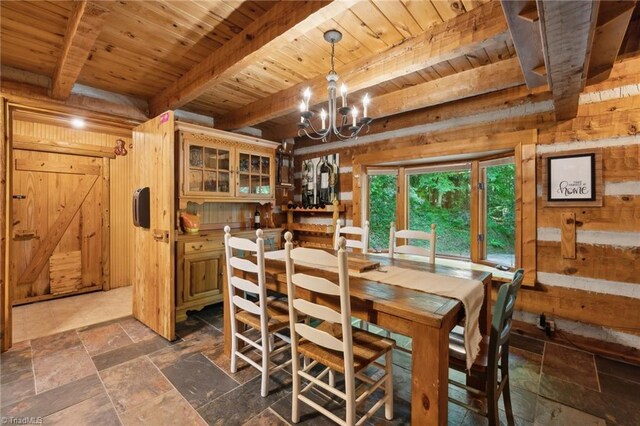 dining space with wooden walls, wood ceiling, tile patterned flooring, beam ceiling, and a notable chandelier