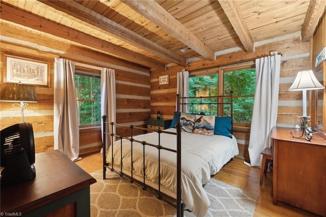 bedroom with hardwood / wood-style floors, beam ceiling, wooden walls, and wood ceiling