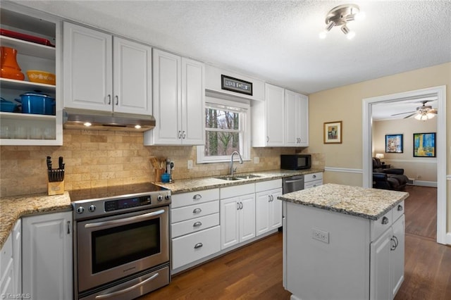 kitchen with dark wood-style floors, appliances with stainless steel finishes, white cabinetry, a sink, and under cabinet range hood