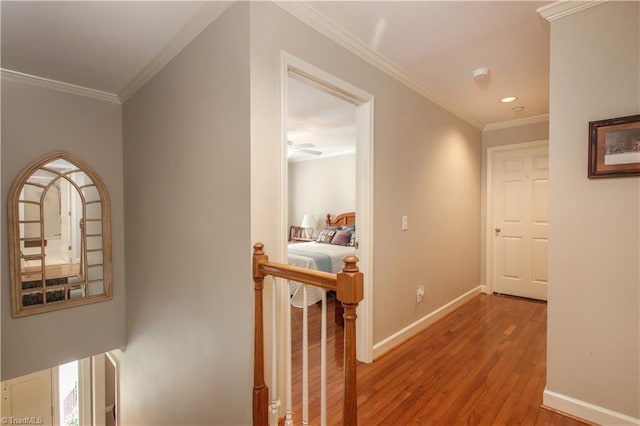 hallway featuring crown molding and wood-type flooring