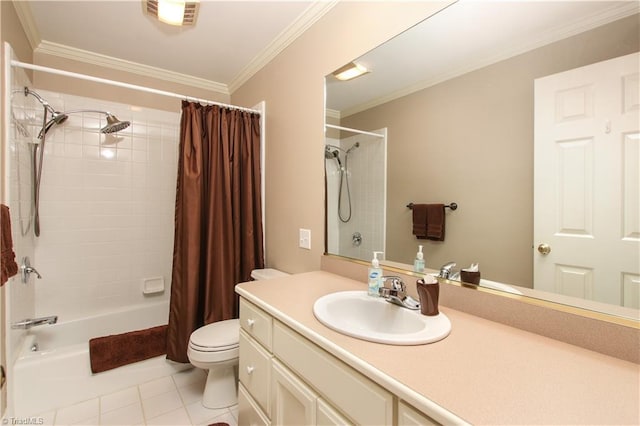 bathroom with visible vents, toilet, ornamental molding, tile patterned floors, and shower / bath combination with curtain