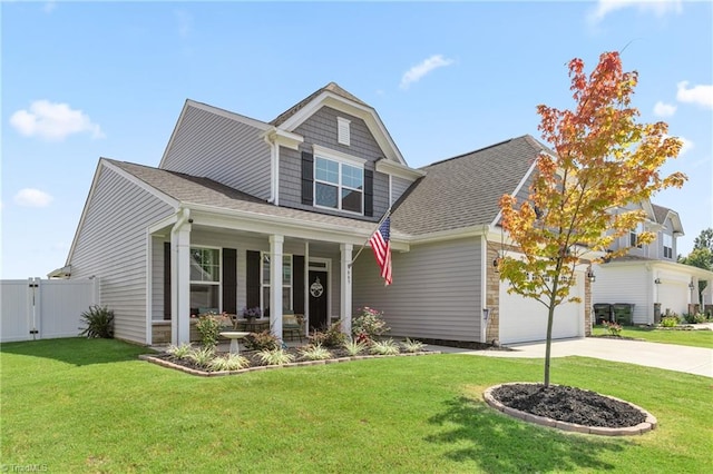 craftsman-style house with a garage, a porch, and a front lawn