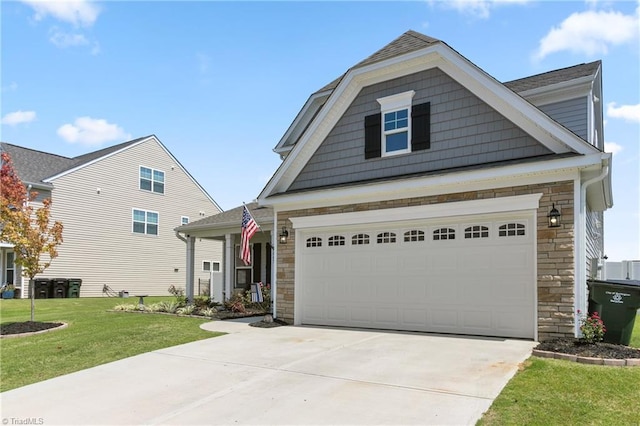 view of front of property featuring driveway, stone siding, and a front lawn