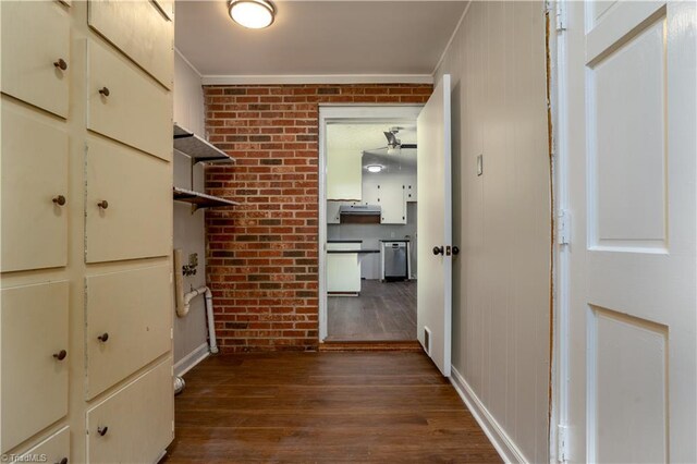 4362 Parsonsville Rd, Purlear, NC 28665 - hall with dark wood finished floors, brick wall, and crown molding