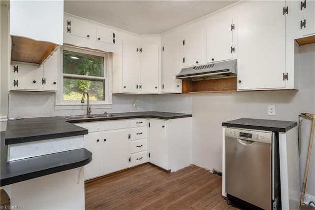 4362 Parsonsville Rd, Purlear, NC 28665 - kitchen with under cabinet range hood, a sink, stainless steel dishwasher, dark wood finished floors, and dark countertops