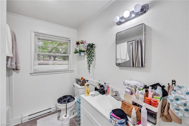 1515 Tucker St, Greensboro, NC 27405 - full bathroom featuring a baseboard radiator, vanity, toilet, ornamental molding, and a shower with curtain