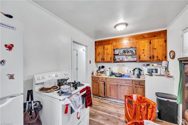 1515 Tucker St, Greensboro, NC 27405 - kitchen with white appliances, brown cabinetry, light wood-style floors, open shelves, and crown molding