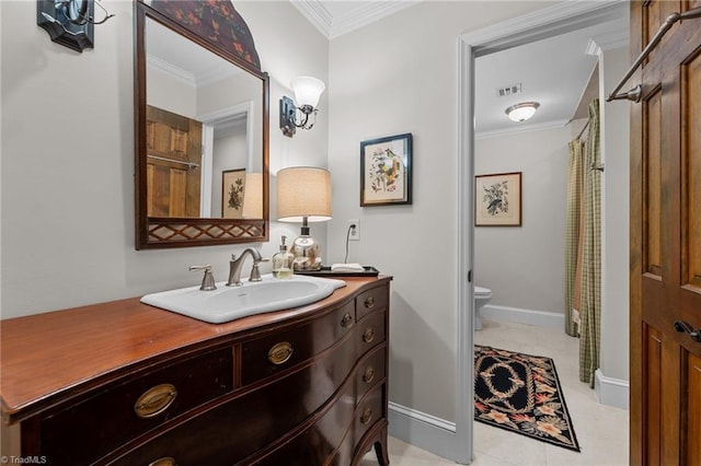 full bathroom with tile patterned floors, ornamental molding, toilet, vanity, and visible vents