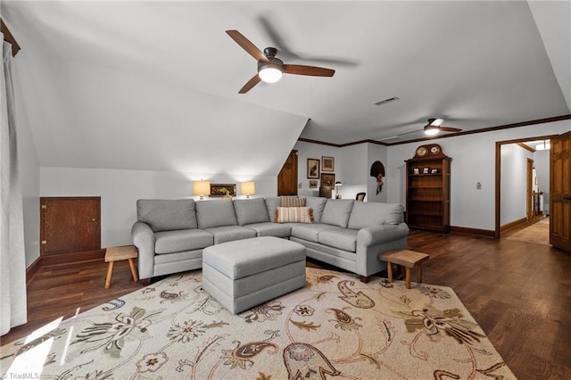 living area with wood finished floors, ceiling fan, and vaulted ceiling