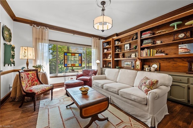 living area with baseboards, ornamental molding, and dark wood-style flooring