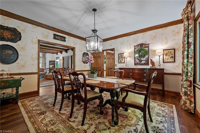 dining area with baseboards, wallpapered walls, wood finished floors, and ornamental molding