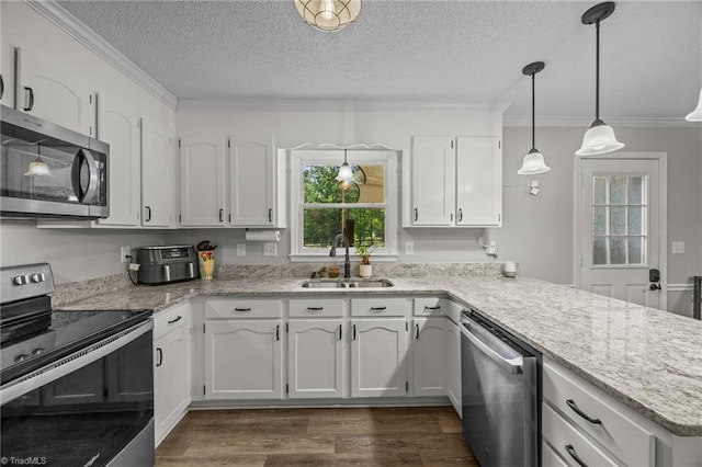 kitchen featuring appliances with stainless steel finishes, a sink, a peninsula, white cabinets, and dark wood-style floors