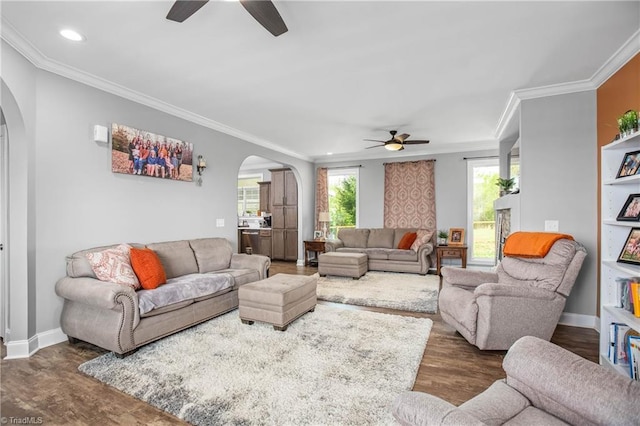 724-0 Tom Cook Rd, Pilot Mountain, NC 27041 - living room featuring arched walkways, a ceiling fan, wood finished floors, crown molding, and recessed lighting