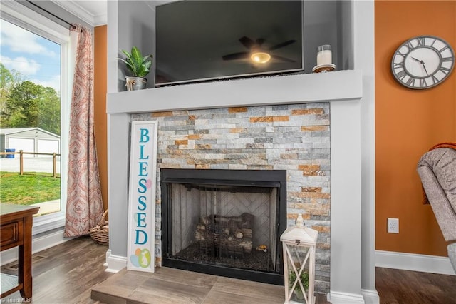 724-0 Tom Cook Rd, Pilot Mountain, NC 27041 - detailed view of a fireplace, wood finished floors, and ornamental molding