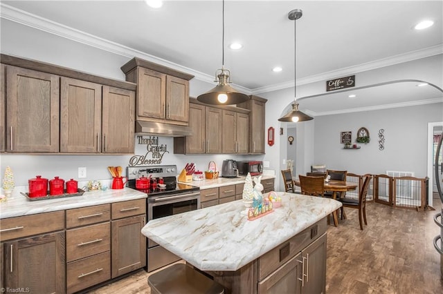 724-0 Tom Cook Rd, Pilot Mountain, NC 27041 - kitchen with electric stove, under cabinet range hood, recessed lighting, wood finished floors, and ornamental molding
