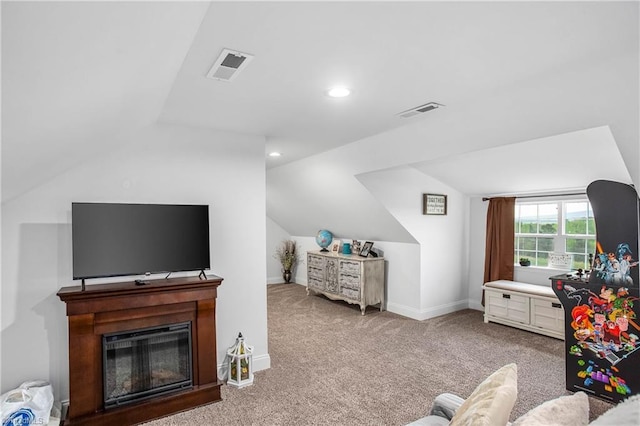 724-0 Tom Cook Rd, Pilot Mountain, NC 27041 - office area featuring vaulted ceiling, carpet, a glass covered fireplace, and recessed lighting