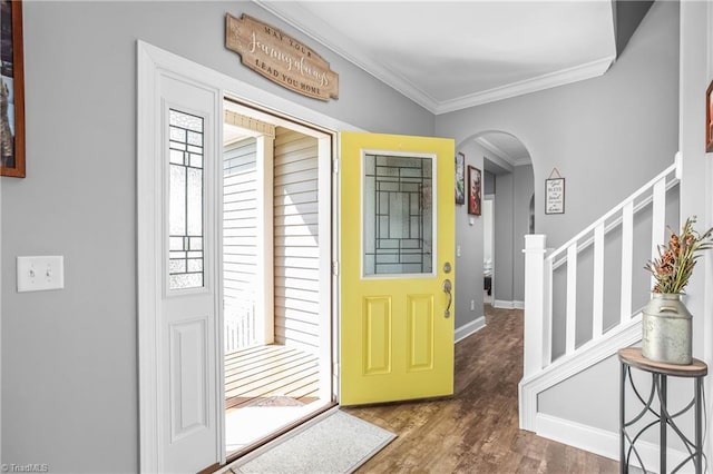 724-0 Tom Cook Rd, Pilot Mountain, NC 27041 - foyer entrance featuring arched walkways, stairs, crown molding, and wood finished floors