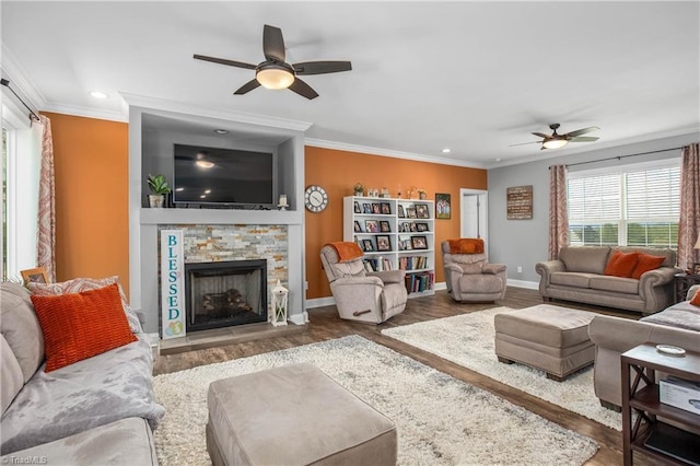 724-0 Tom Cook Rd, Pilot Mountain, NC 27041 - living area featuring a ceiling fan, healthy amount of natural light, recessed lighting, crown molding, and a fireplace