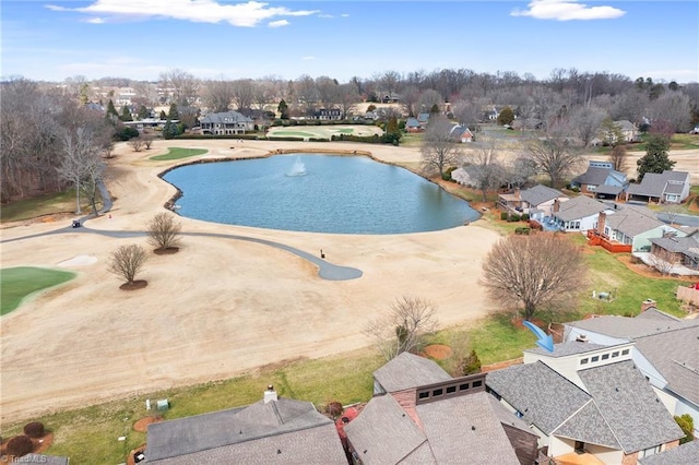 birds eye view of property with a residential view and a water view