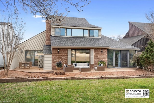 back of house featuring a patio area, outdoor lounge area, roof with shingles, and brick siding