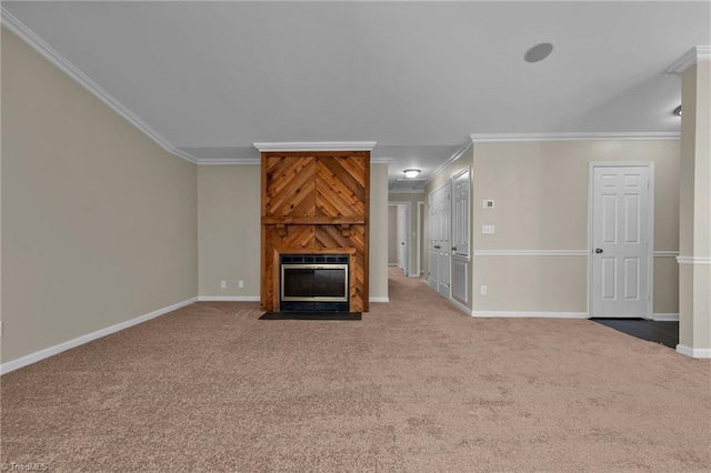 unfurnished living room with a fireplace with flush hearth, baseboards, and carpet floors