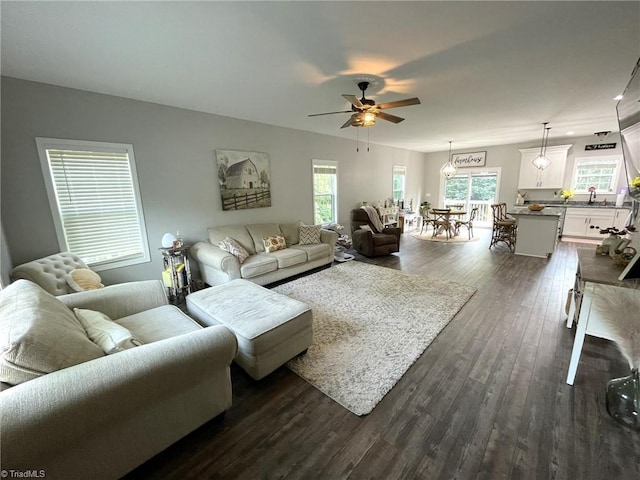 living room with ceiling fan and dark wood-type flooring