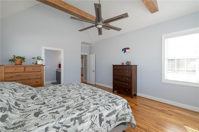 bedroom featuring ceiling fan, light hardwood / wood-style flooring, high vaulted ceiling, and beamed ceiling