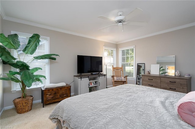 bedroom with light carpet, crown molding, and ceiling fan