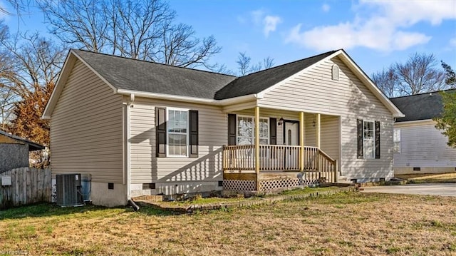 view of front of property featuring crawl space, central air condition unit, a porch, and a front yard