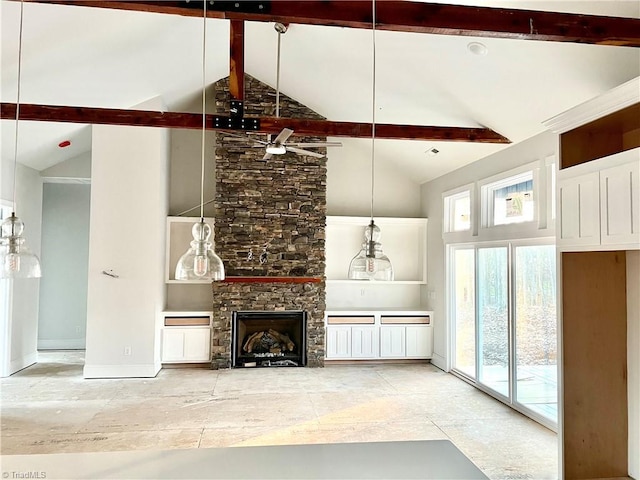 unfurnished living room featuring a fireplace, beam ceiling, ceiling fan, and high vaulted ceiling