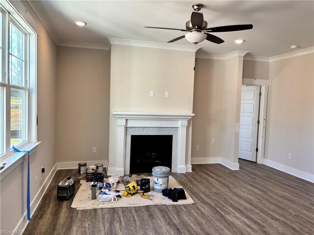 living area featuring baseboards, a fireplace, wood finished floors, and crown molding