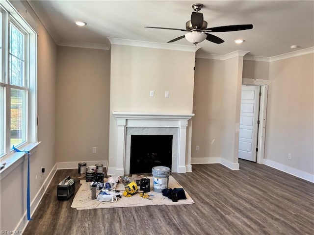 living area with baseboards, wood finished floors, a fireplace, and ornamental molding