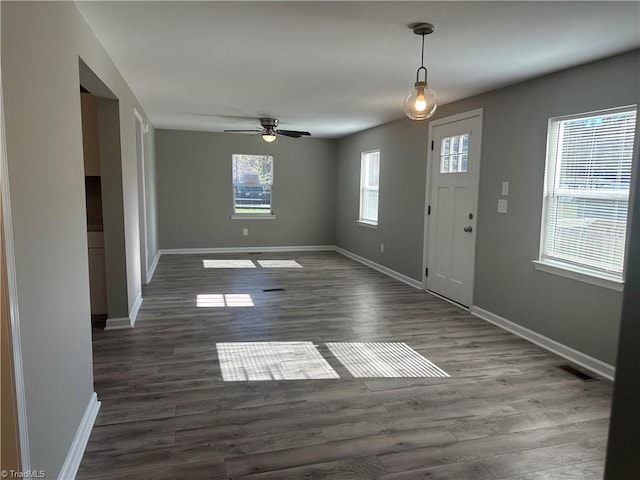 entryway featuring ceiling fan, a healthy amount of sunlight, and dark wood-type flooring